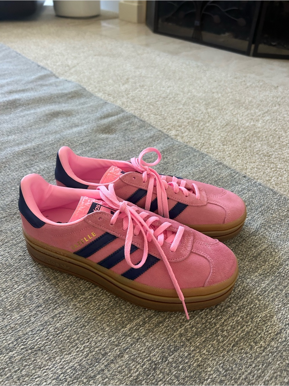 adidas Pink Suede Platform Sneakers with Navy Stripes